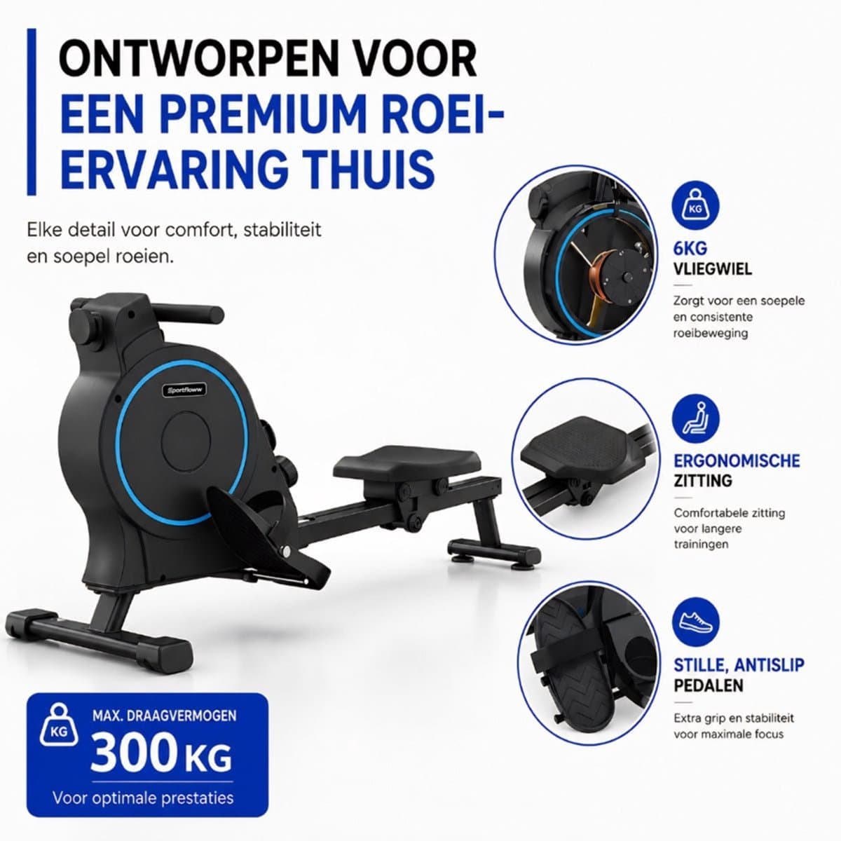 Sportfloww Roeitrainer - Roeimachine Met App - Inklapbaar Roeiapparaat - 16 Weerstandniveaus - Tot 195cm thumbnail 4