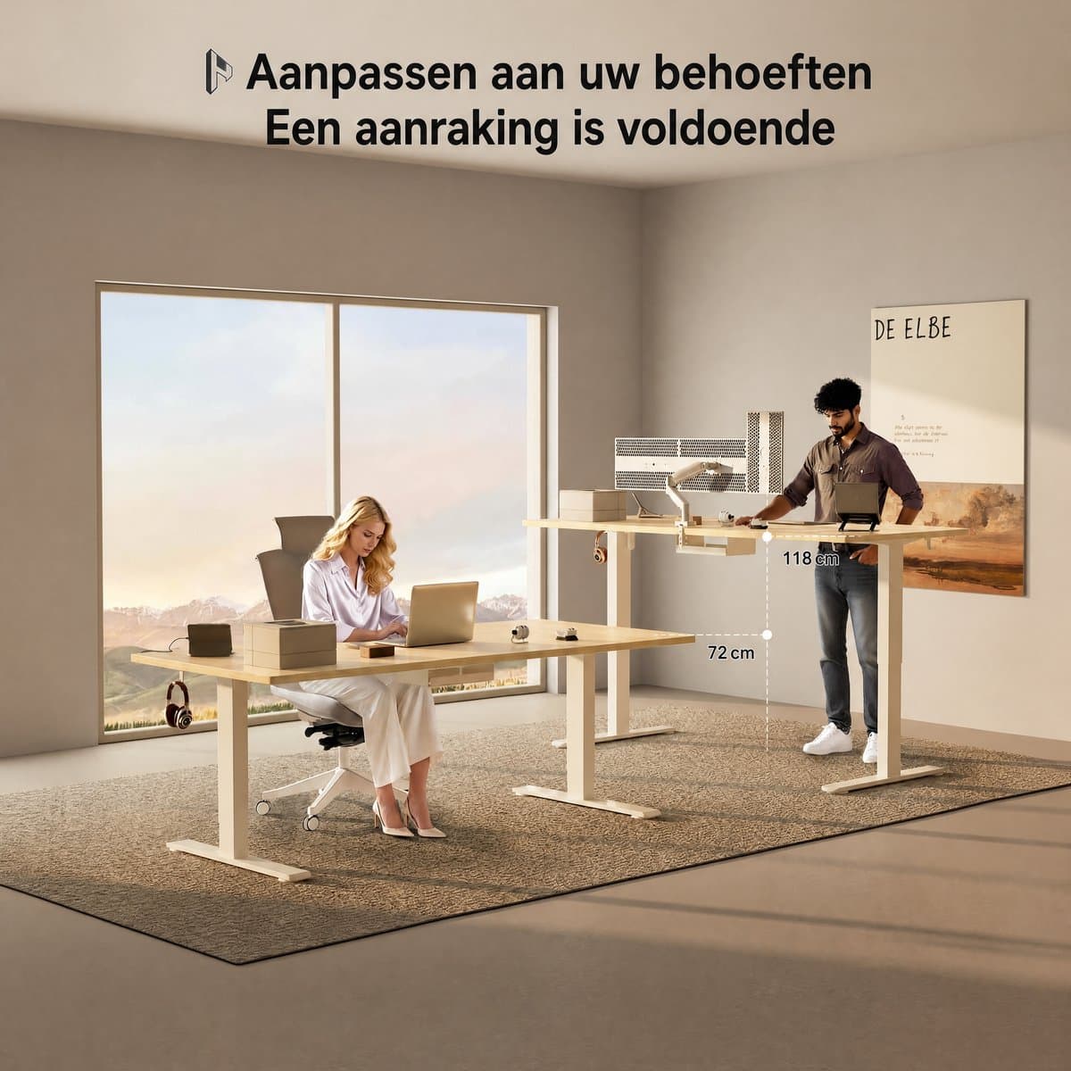 Devoko Elektrisch Zit-Sta Bureau 160x80 cm – 18 mm Dik Tafelblad – 3 Geheugenstanden – USB en Zit-alarm – Kabelmanagement – Wit frame met houtkleurig blad thumbnail 3