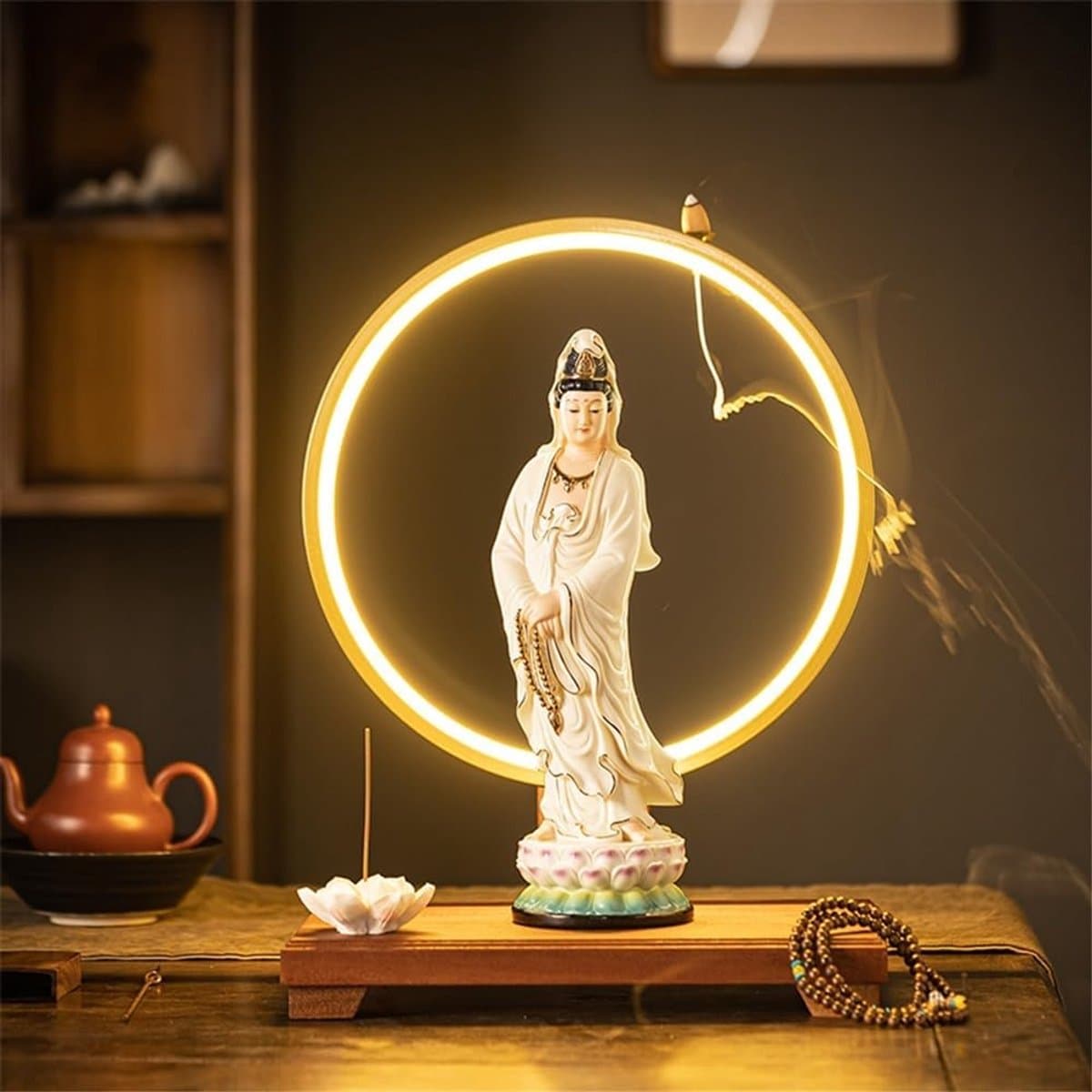Boeddha beeld - Zen ornament - Ruimte decoreren - Met lichtring - 30.5 cm hoog - Geel thumbnail 2