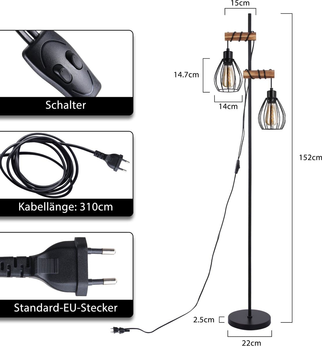 NETTLIFE Vloerlamp - E27, 2-lichts retro zwart thumbnail 8