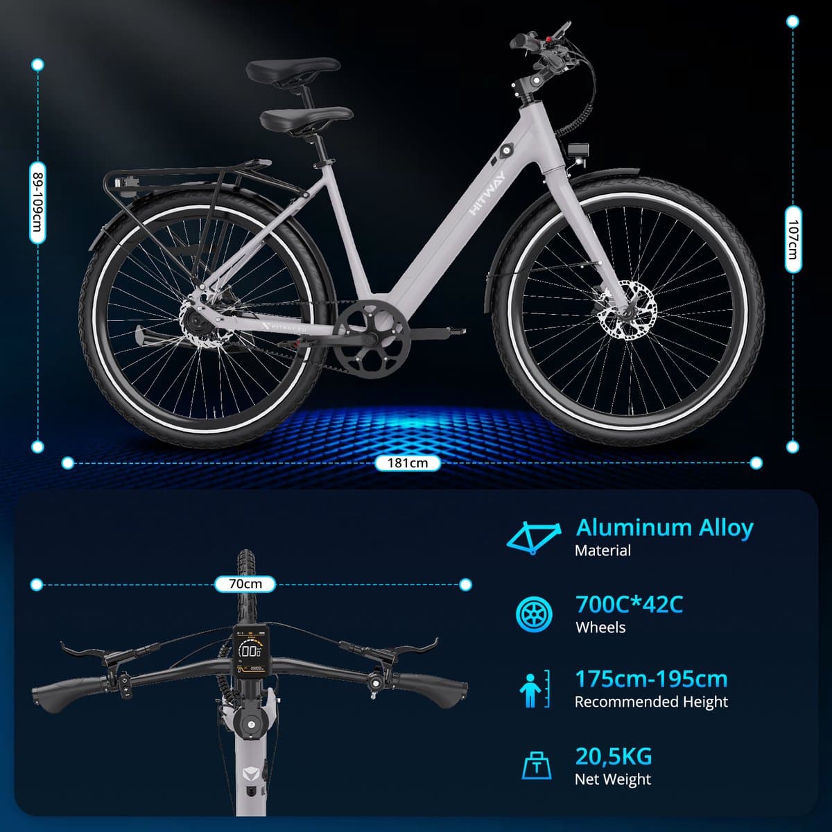 Hitway Elektrische Fiets BK18 Pro - Trendy 28 Inch City Commuter EBike met Afneembare 36V 10.4Ah Lithium Batterij - Mountain E-Bike met 250W Motor - APP Bediening - IP54 Waterdicht thumbnail 5