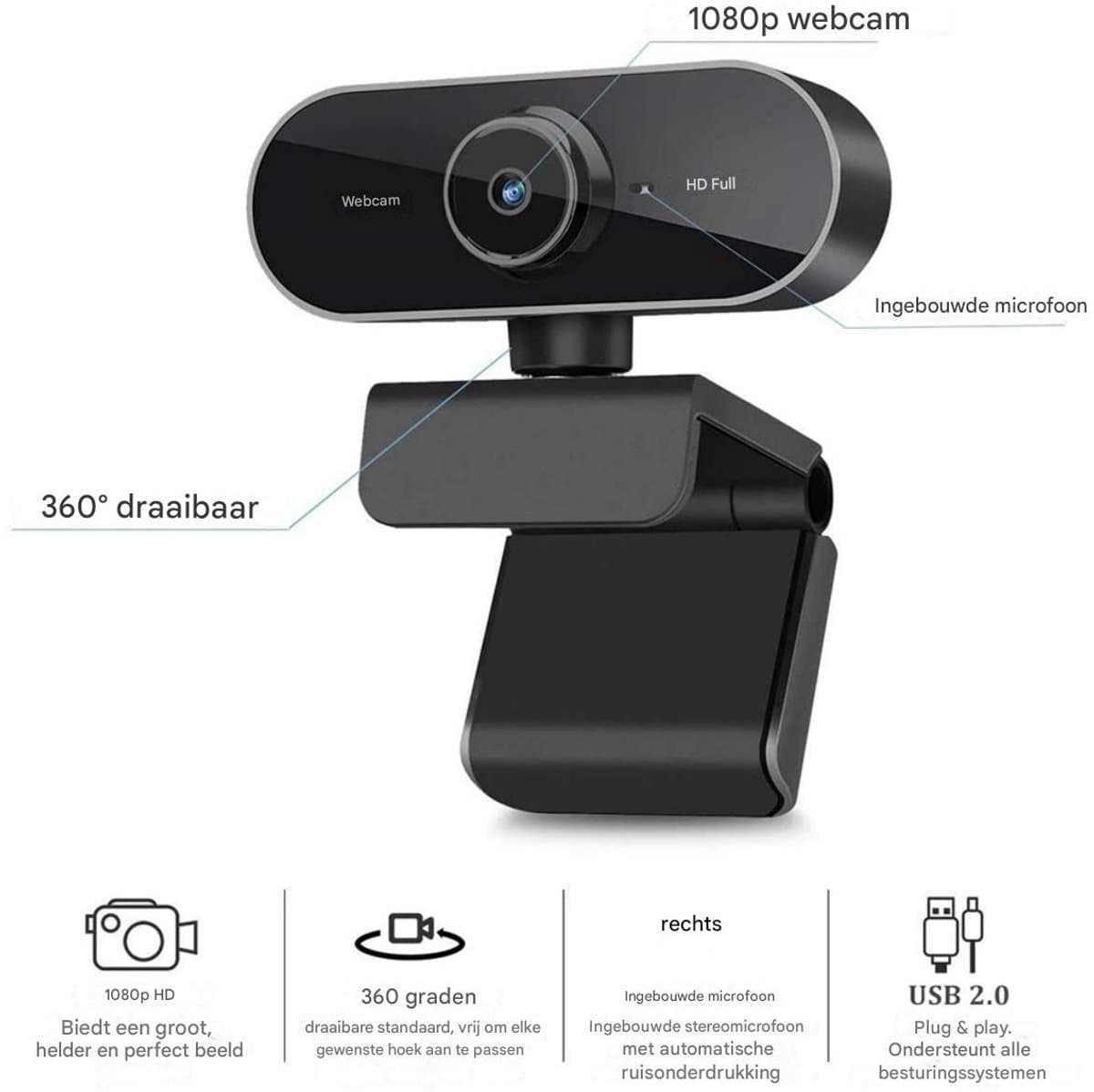 EXCITAT HD Webcam 1080P met microfoon en ruisonderdrukking thumbnail 2