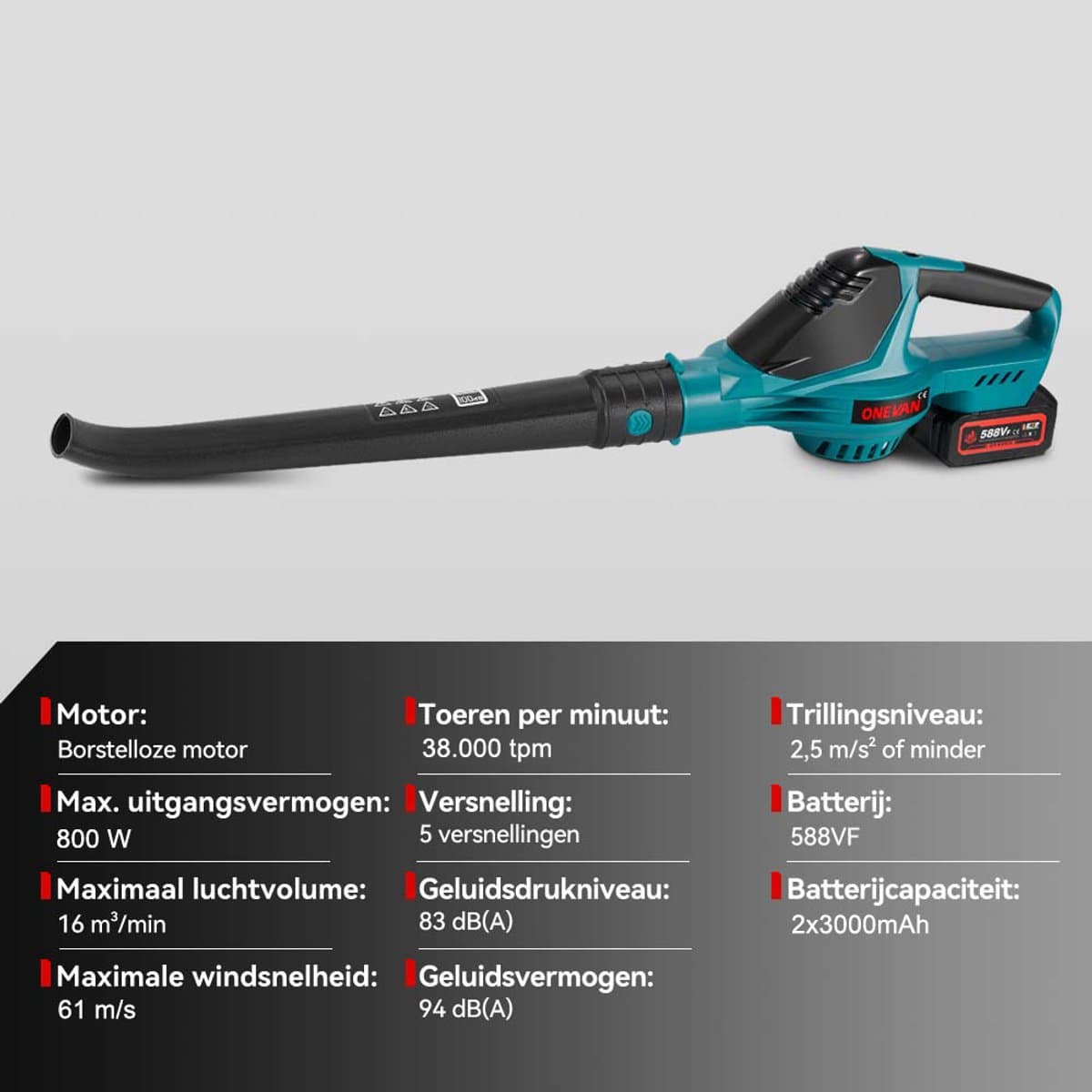 ONEVAN Accu Bladblazer 21 V - 219 km/u Elektrische Bladblazer - 5 versnellingen - met 2x accu's - draadloze bladblazer voor tuin, bladeren, stof en sneeuw thumbnail 7