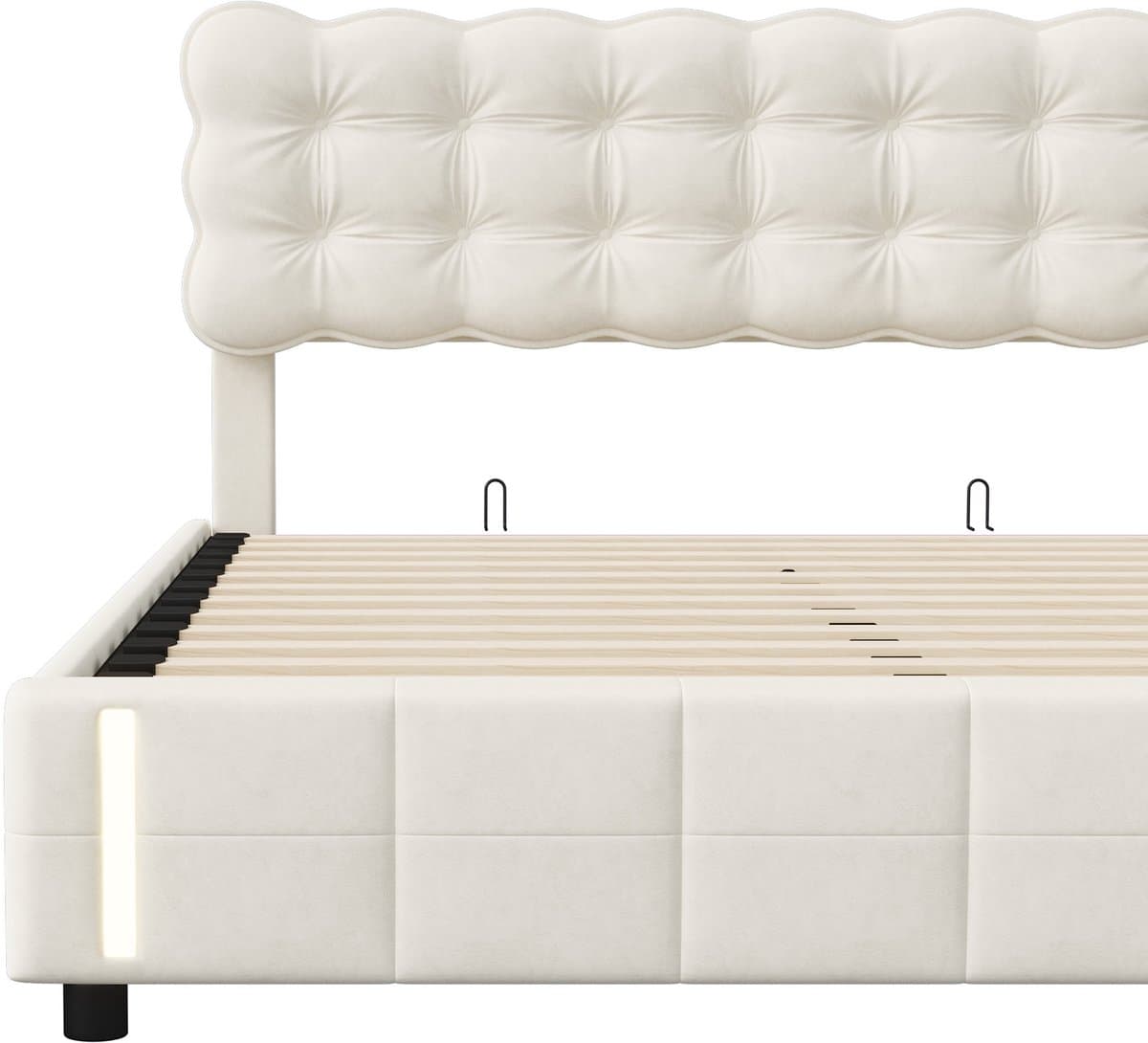Opbergbed 160x200 cm beige fluweel met hydraulische opbergruimte, LED-verlichting en gestoffeerd hoofdbord, modern tweepersoonsbed thumbnail 6