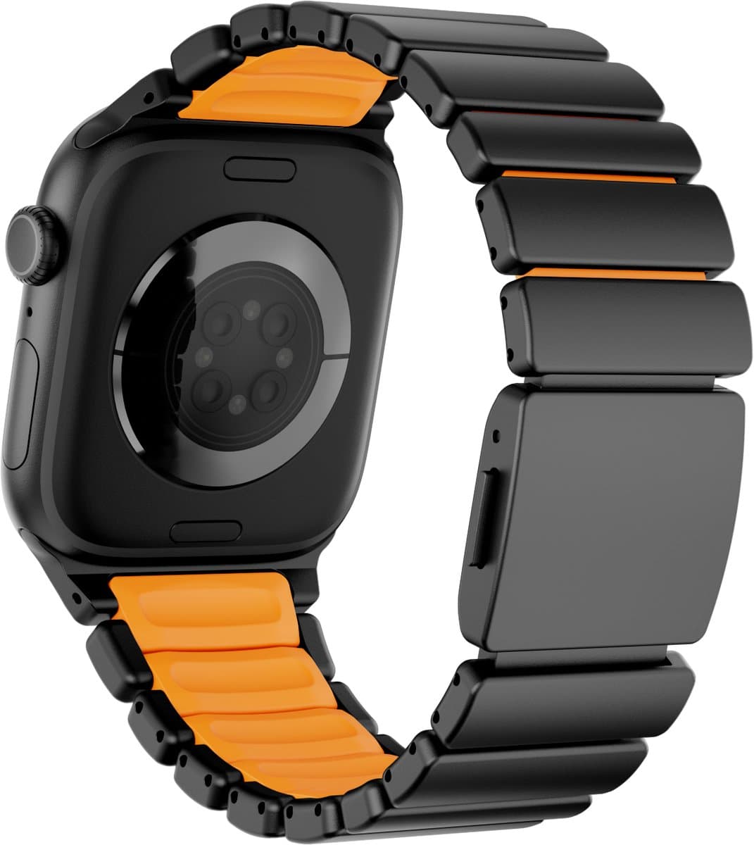 Stravo Premium Magnetisch Titanium Horlogeband met Siliconen Binnenlaag voor Apple Watch 46mm (Series 10/11) / 45mm (Series 7/8/9) / 44mm (Series 4/5/6/SE) / 49mm (Ultra 1/2/3) – Luxe bandje - Zwart / oranje thumbnail 2