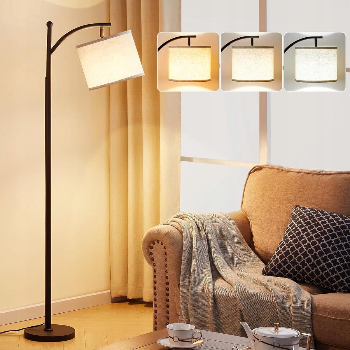 Vloerlamp - Staande Lamp - 175cm Metalen Frame - Met Drie Lichtstanden & Voetschakelaar - Zachte Stof Kap - Voor Sfeerverlichting in Woonkamer & Slaapkamer thumbnail 2