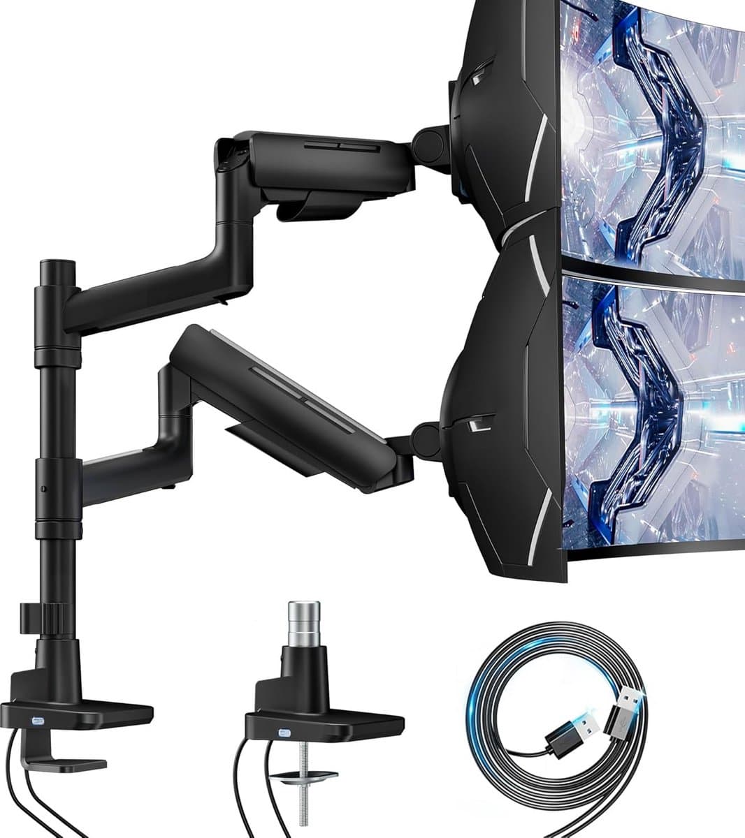 Dubbele Verticaal Monitor Arm voor 17-49 Inch Ultrawide Schermen - Zware Duty Monitorstandaard met USB en Gasveer