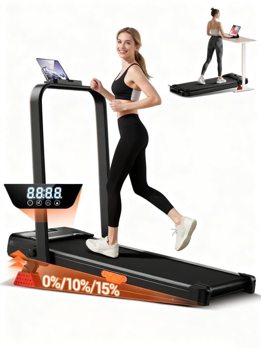 6-in-1 opvouwbare loopband met een stille motor. De loopband beschikt over een instelbare helling tot 15%, een verend loopvlak en ondersteunt een maximaal gewicht van 136 kg - afbeelding 1