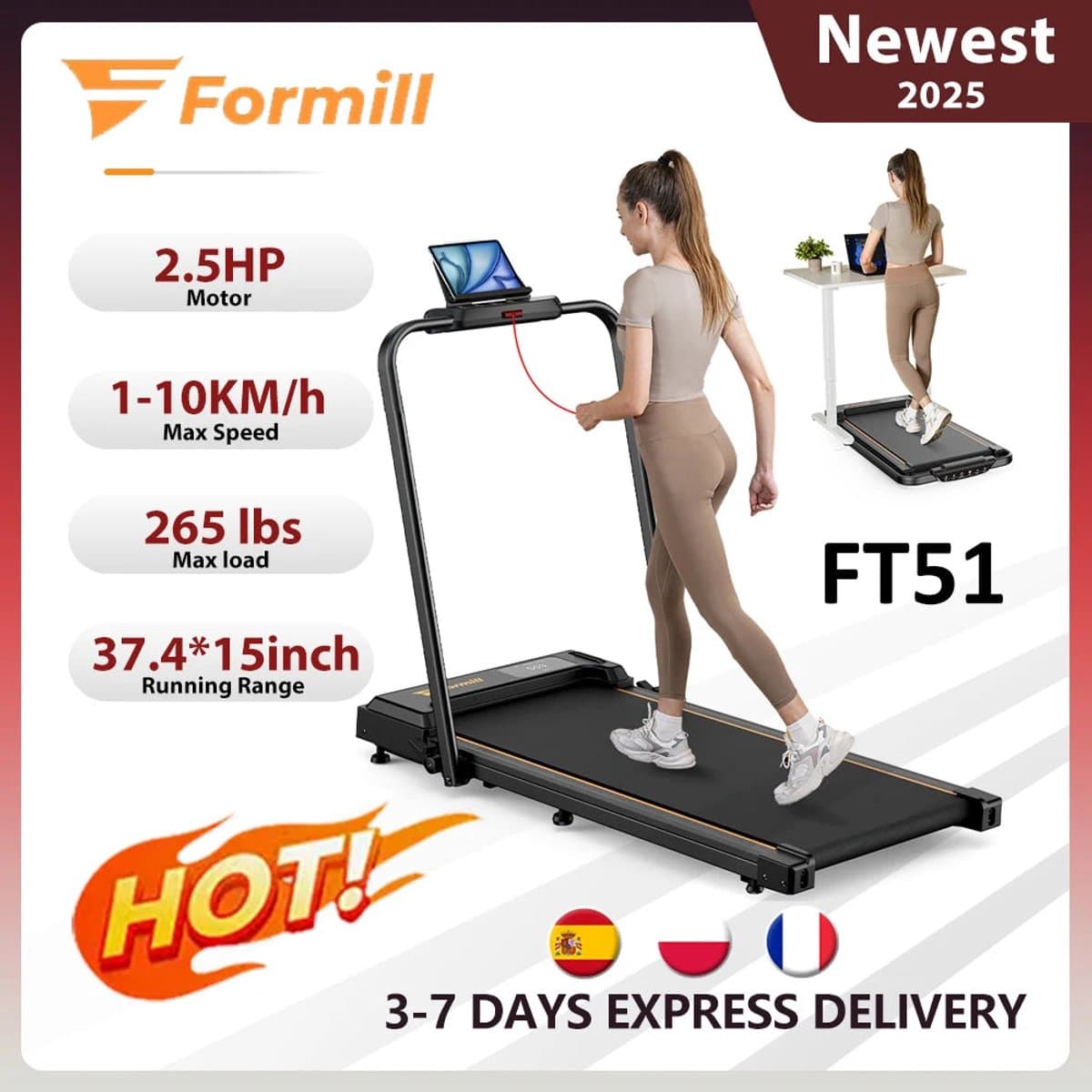 Formill FT51 - 2-in-1 Loopband - Snelheid tot 10km/h - Installatievrij - Elektrische Loopband - Voor Thuisgebruik - Model FT51 thumbnail 3