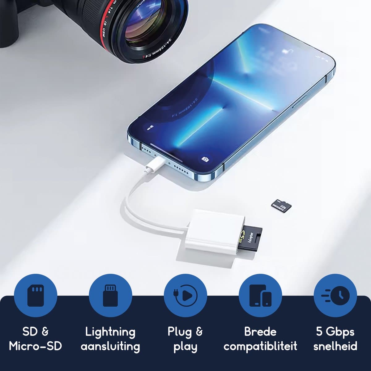 Ibley Pro 2-in-1 Lightning SD/microSD kaartlezer – iPhone & iPad – Plug & Play – Wit thumbnail 2