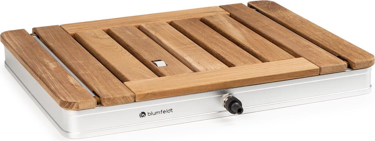 Blumfeldt mobiele tuindouche, buitendouche voor de tuin, vloerdouche met 4m waterstraalhoogte, vloertuindouche met houten look voor zwembad & sauna, buitendouche waterdicht, vorst- & UV-bestendig
