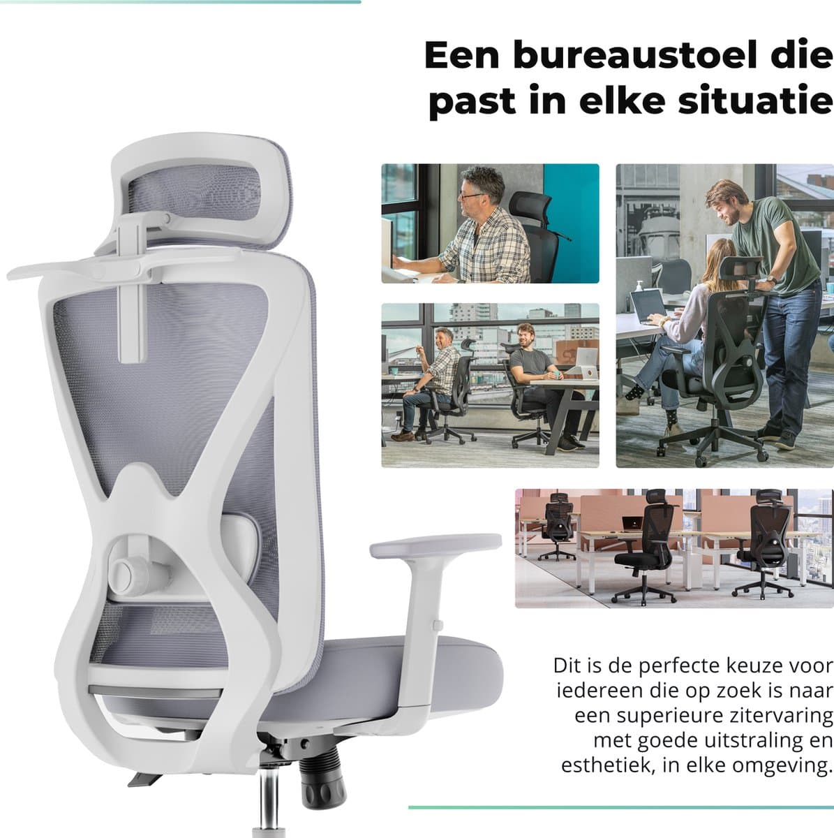 Backerz Mesh Ergonomische Bureaustoel Wit - Bureaustoelen voor Volwassenen tot 150kg - Office Chair - Gamestoel - NEN-EN1335 Gecertificeerd thumbnail 7