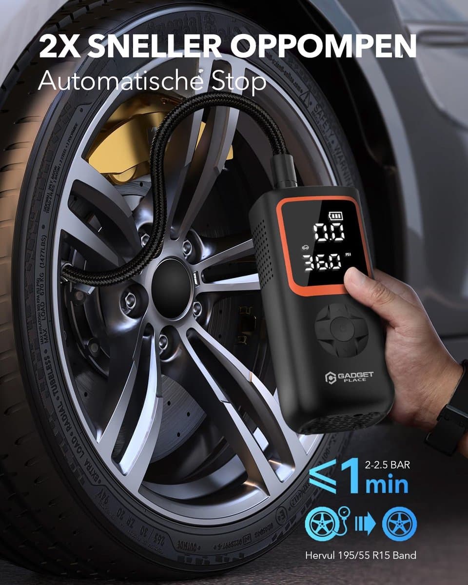 Gadgetplace Compressor Bandenpomp met 5 opzetstukken - Autobanden - 6000 mAh - Elektrische Fietspomp - Draagbare Luchtcompressor - Ballenpomp thumbnail 2