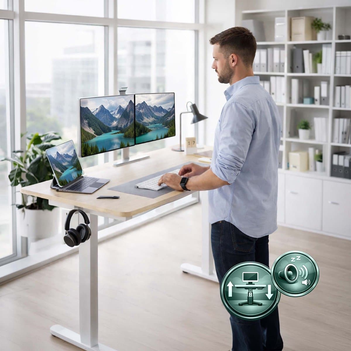 Zit sta bureau - 140 x 60 cm - hoogte verstelbaar - natuur-wit thumbnail 4
