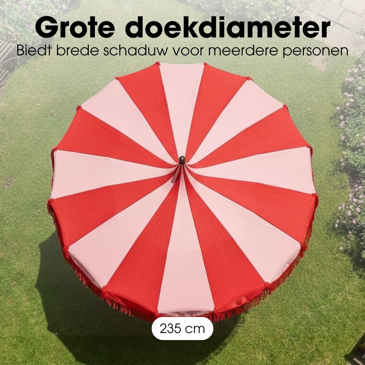 Mica Decorations Kim Gestreepte Parasol met Draagtas - Stokparasol 238 x Ø235 cm - Tuin of Balkonparasol - Polyester, Staal - Rood thumbnail 7