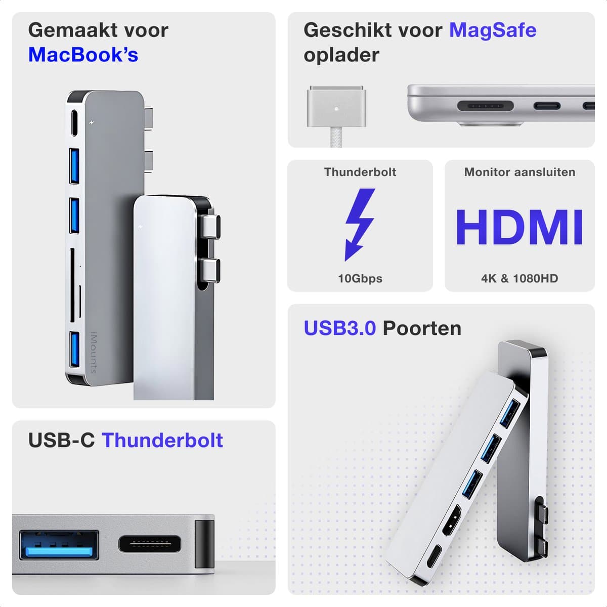 iMounts USB-C hub MacBook Air/Pro - HDMI - USB3.0 - Thunderbolt 3 - M1/M2/M3 - Zilver thumbnail 6