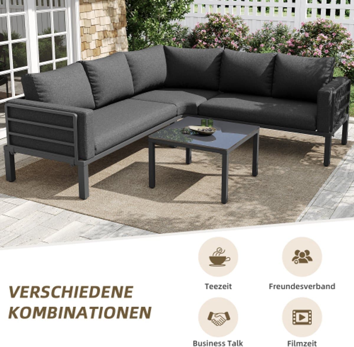 Tuinmeubelset (4-5 zitplaatsen), 1 salontafel van gehard glas, gegalvaniseerd ijzeren frame, comfortabel tuinmeubilair, grijze zitkussens en kussens, met verstelbare poten thumbnail 5