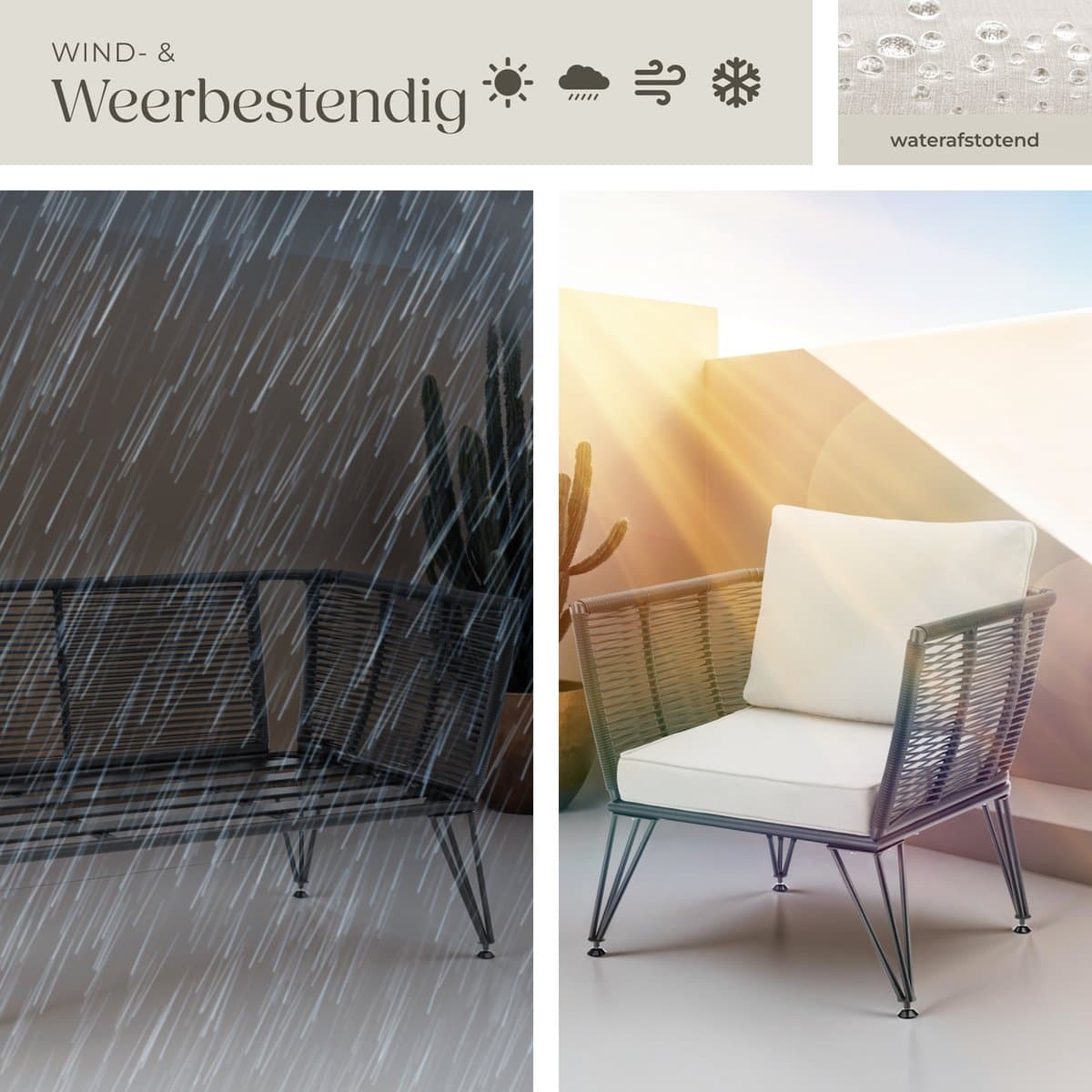 tectake® Loungeset Sundo - Tuinset in Rope-Design - Tuinbank en Tuinstoelen met Kussens - Weerbestendig thumbnail 7