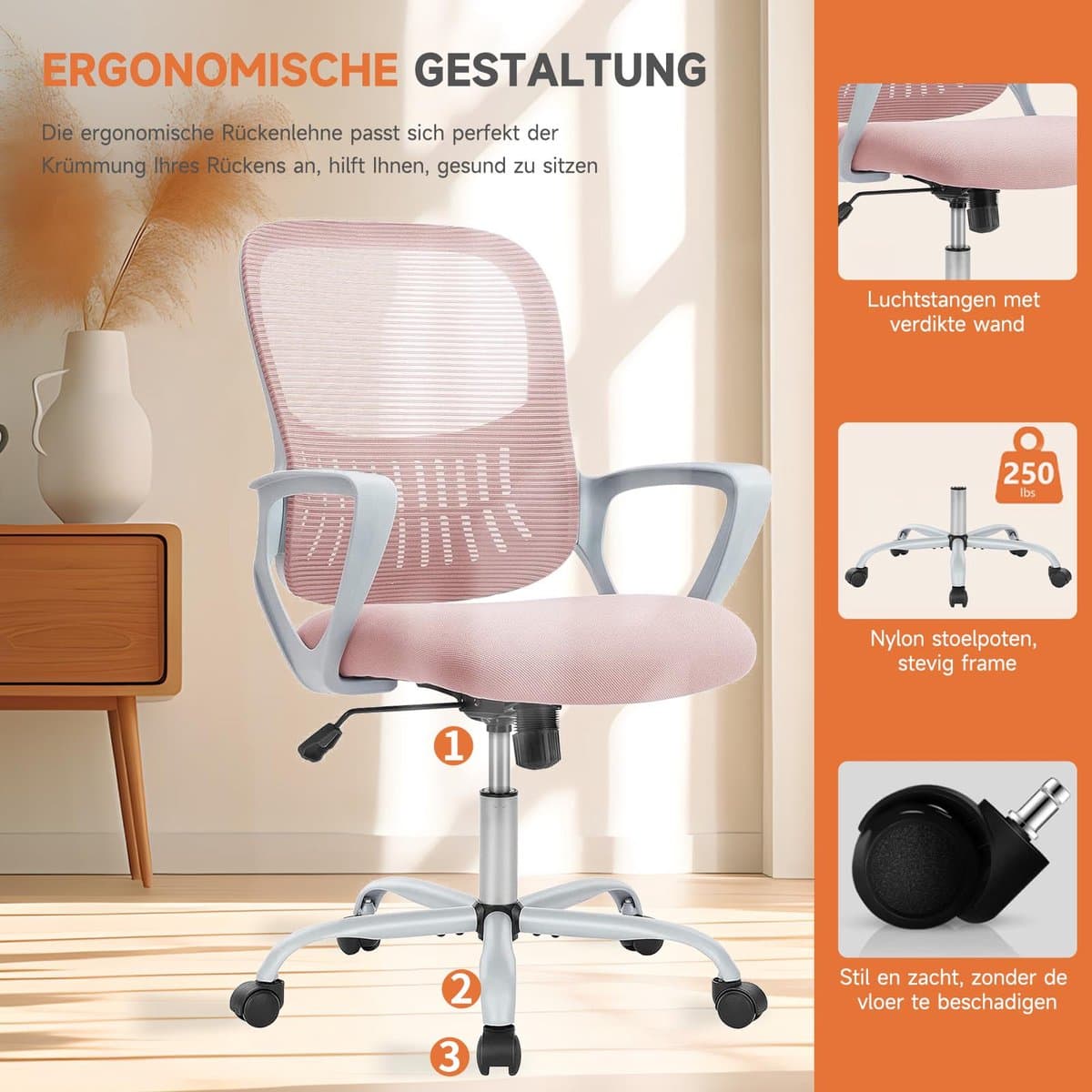 Ergonomische Bureaustoel - Mesh Office Chair - In Hoogte Verstelbaar - Vaste Armleuningen - 113 kg Draagvermogen thumbnail 8
