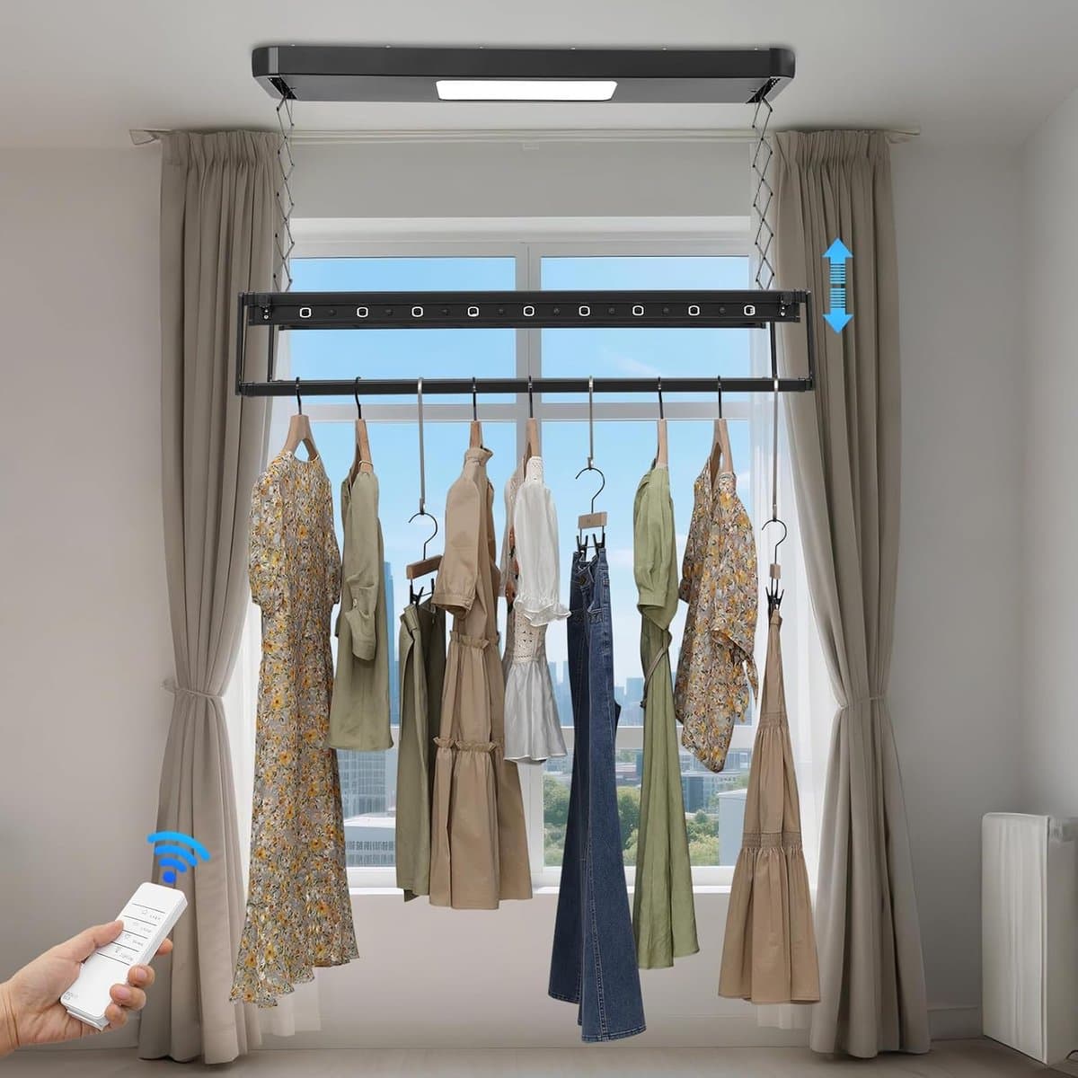 Elektrisch Droogrek - Plafond Drooglift - Kleding Drogen - Afstandsbediening Bediening - 35 kg Draagvermogen - Zwart thumbnail 5