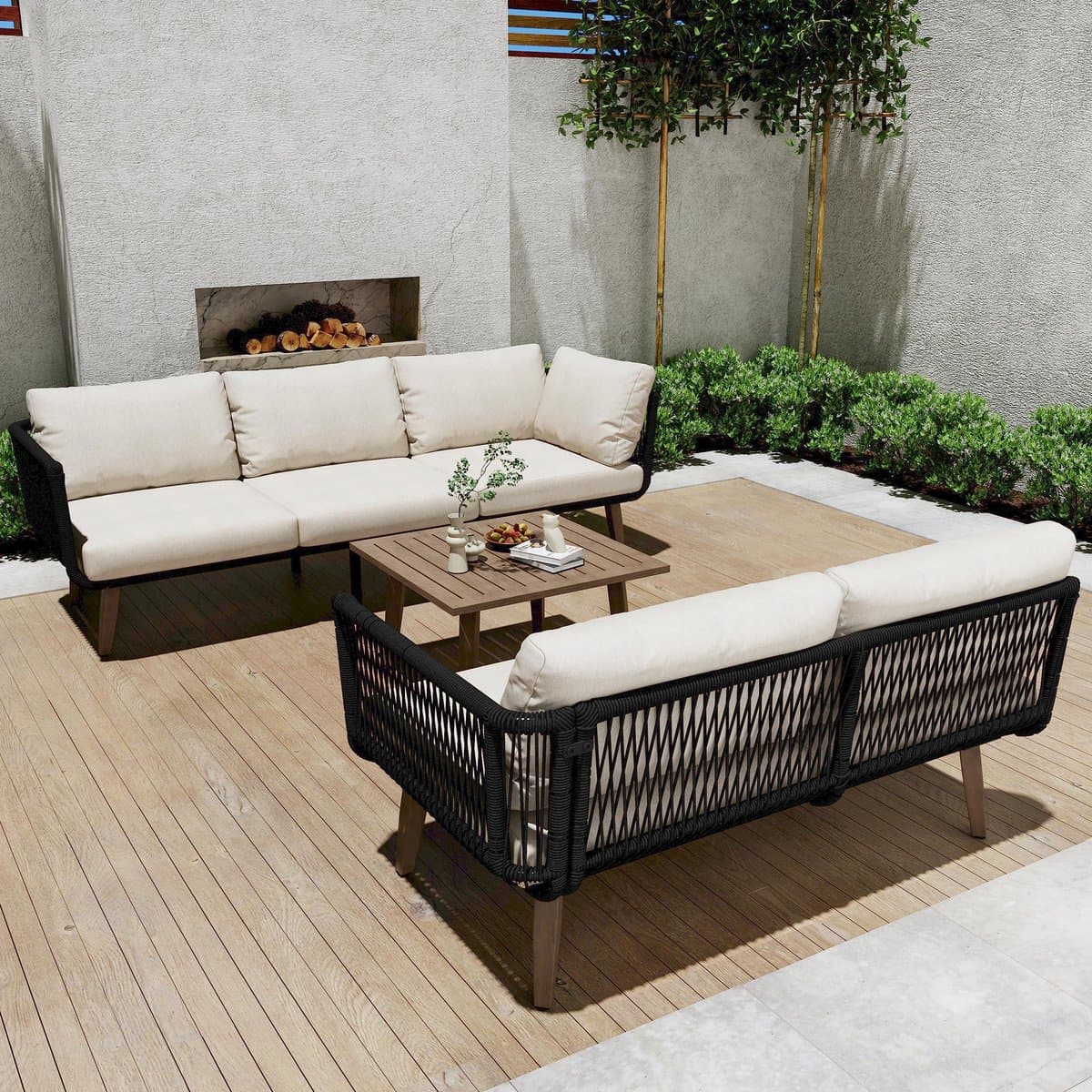 FloraGrace Loungeset - Sofa Met Salontafel - Weerbestendig Touwdesign Voor Tuin En Balkon - Olefin En Staal - Beige Zwart thumbnail 4