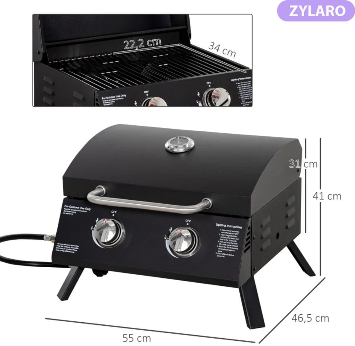 Gasbarbecue - Tafelmodel Gasbarbecue en Gasgrill - 2 Branders - Grillwagen - 5,6 kW - met Grillrooster, Drukregelaar, Slang, Thermometer - 55 x 46,5 x 41 cm - Zwart thumbnail 2