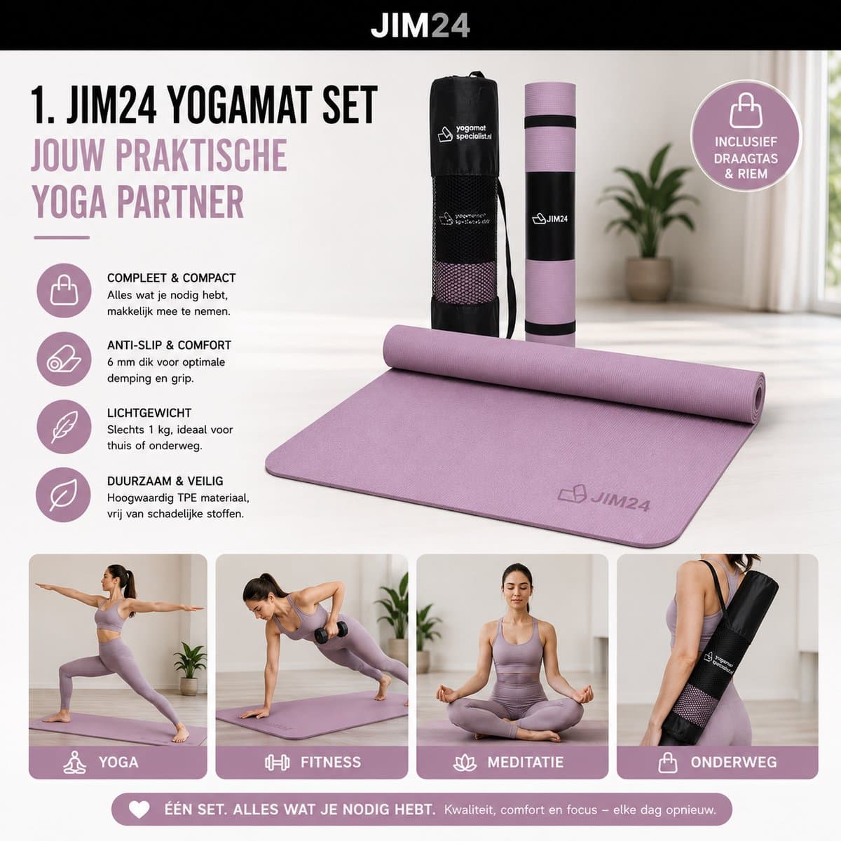 Jim24 Yogamat - Yoga Mat Antislip - Fitness Mat - Sportmat - Pilates Mat - Slijtvast - Extra Dikke Gym Mat - Duurzaam TPE - Incl. Draagtas en Riem - Paars thumbnail 2
