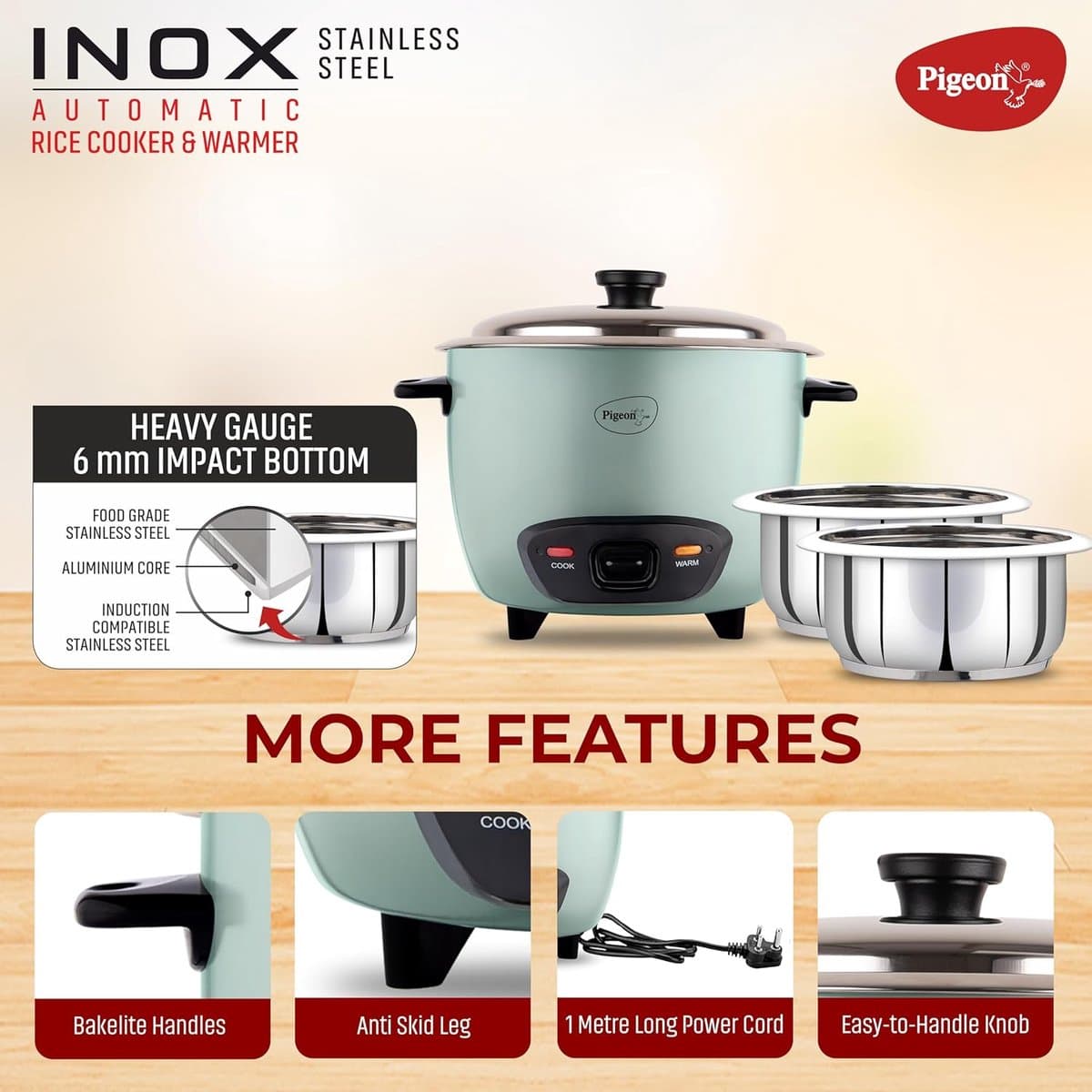 Pigeon Stainless Steel Automatic Electric Rice Cooker (Blue) (1.8L) thumbnail 2