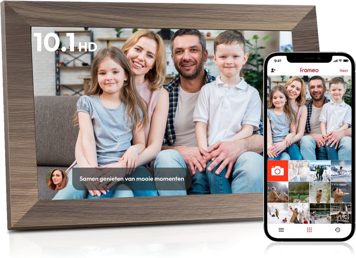 Digitale fotolijst met WiFi en Frameo App - 10.1 inch HD+ IPS Display - Fotokader met Touchscreen - 32GB - Walnoot kleur - Frameo digitale fotolijst - digitale fotokader - digitaal fotolijstje - afbeelding 1