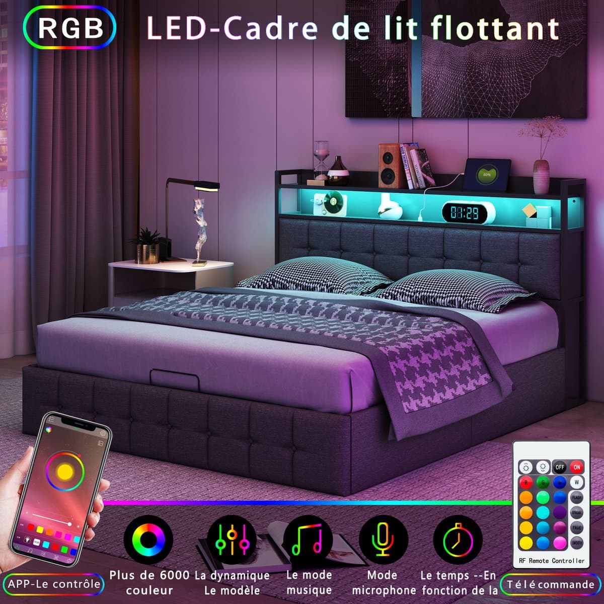 Tweepersoonsbed 160x200 cm – LED Hydraulisch Opbergbed met USB & Type-C, Hoofdbord met Verlichting, Grijs, Linnen thumbnail 4