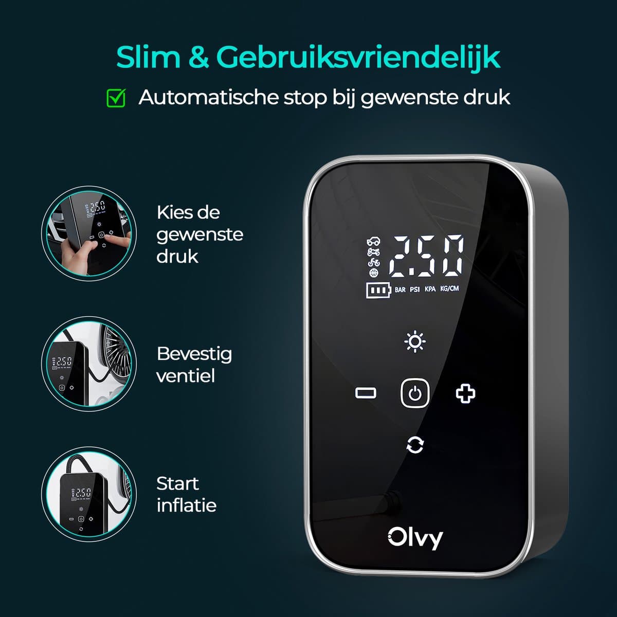 Olvy Compressor Bandenpomp - 12V & Draadloos - Draagbare Luchtcompressor - 6000 mAh - Elektrische Fietspomp - Fiets/Auto/Motor/Bal/Luchtbed thumbnail 5