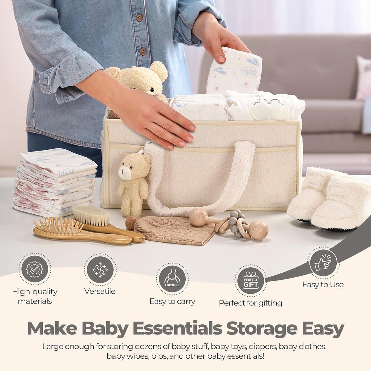 Luiertas - Luiermand - Luiermandje - Speelgoedmand - Luiermand voor Babykameraccessoires - Luier Organizer -Zwangerschapscadeaus -Met handvat- Opbergmand voor babyluiers en doekjes - Organizerr - Kraamcadeau -beige thumbnail 2