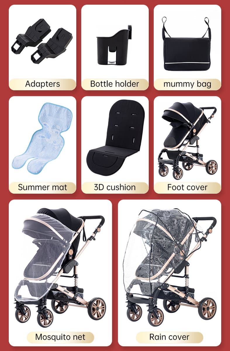 Premium 3-in-1 Kinderwagen - Draagbaar, Opvouwbaar, met Vering - Aluminium Frame - Inclusief Autostoel - Kwalitatieve Buggy voor Pasgeboren Baby - Luxe Multifunctionele Combi Kinderwagen - Roze/Zwart thumbnail 7