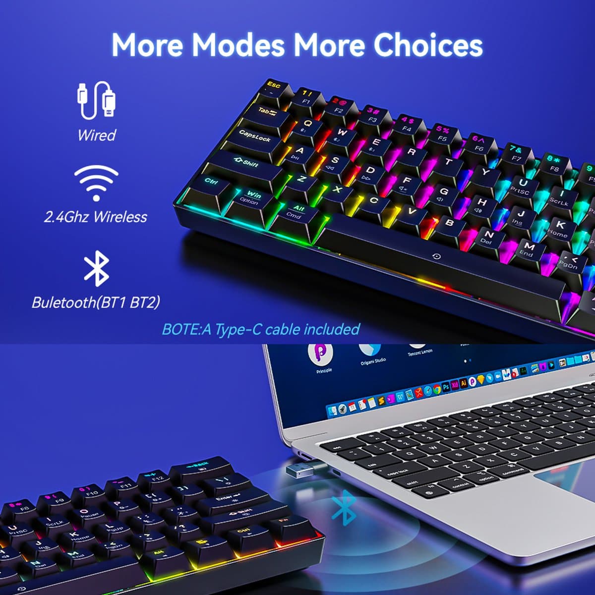T68 Draadloos Mechanisch Toetsenbord - RGB - Bluetooth, 2.4GHz & USB-C - Brown Switches - Wit & Zwart thumbnail 3