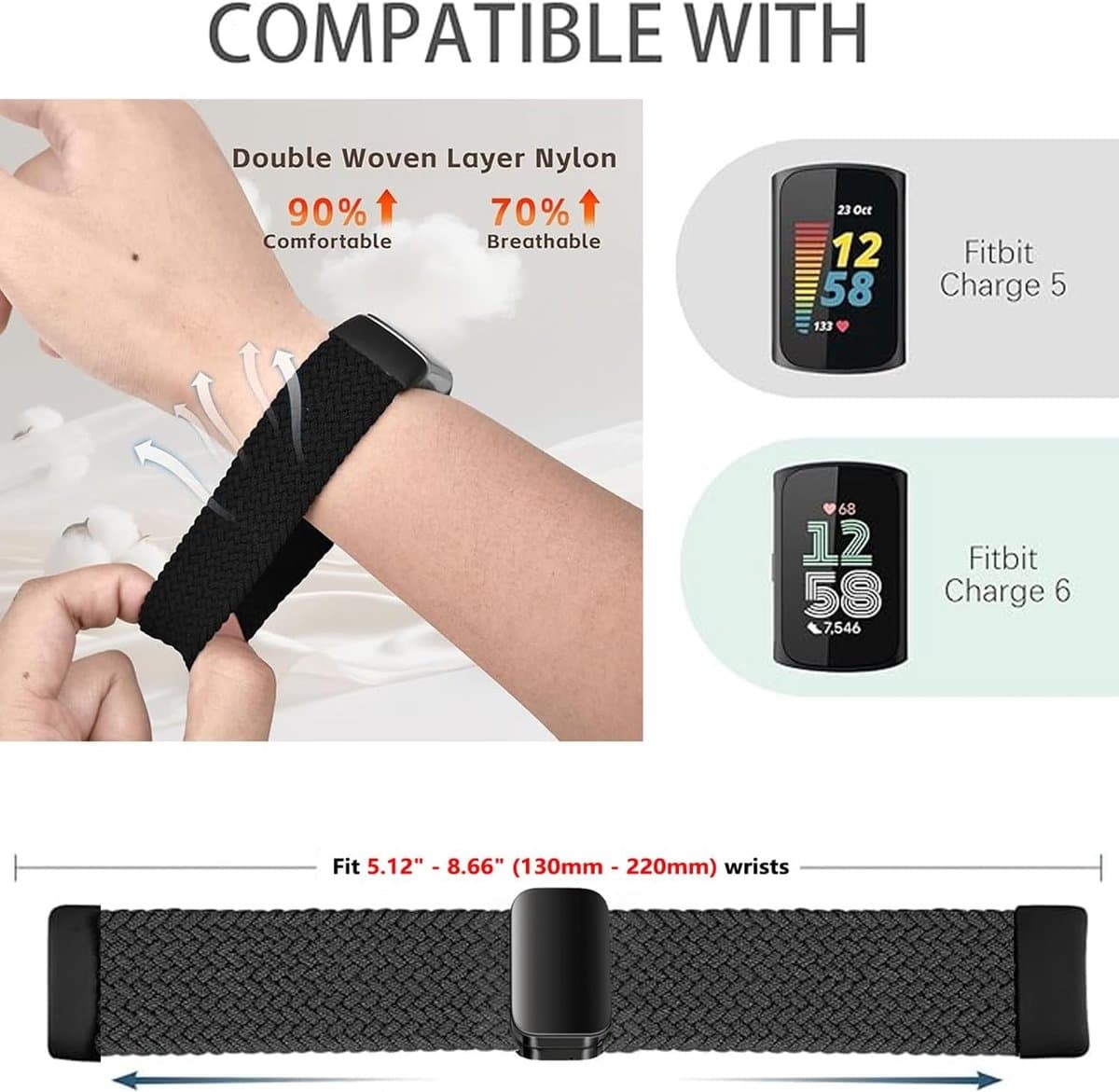 Verstelbare en Comfortabele Nylon Horlogeband voor Fitbit Charge 5 en 6 - Magnetische Stretchy Loop Straps voor Dames en Heren, Ideaal voor Fitness Tracker Gebruik thumbnail 3
