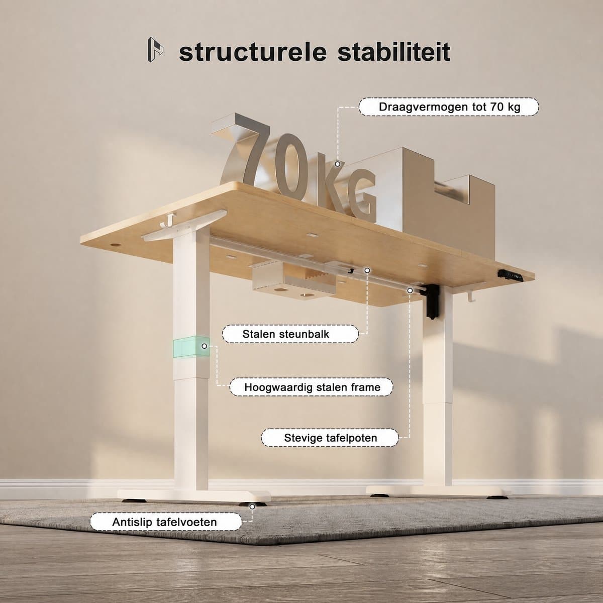 Devoko Elektrisch Zit-Sta Bureau 160x80 cm – 18 mm Dik Tafelblad – 3 Geheugenstanden – USB en Zit-alarm – Kabelmanagement – Wit frame met houtkleurig blad thumbnail 5