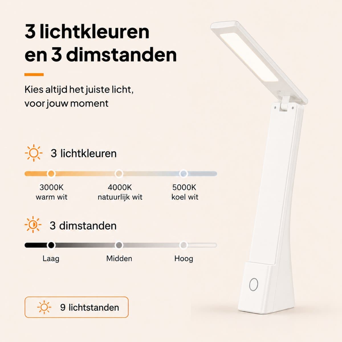 Lumirex Bureaulamp - Draadloos & Netstroom - LED - Dimbaar - Wit & Warm Licht - 9 Lichtstanden - 3 Kleuren - Leeslamp - Wit thumbnail 3