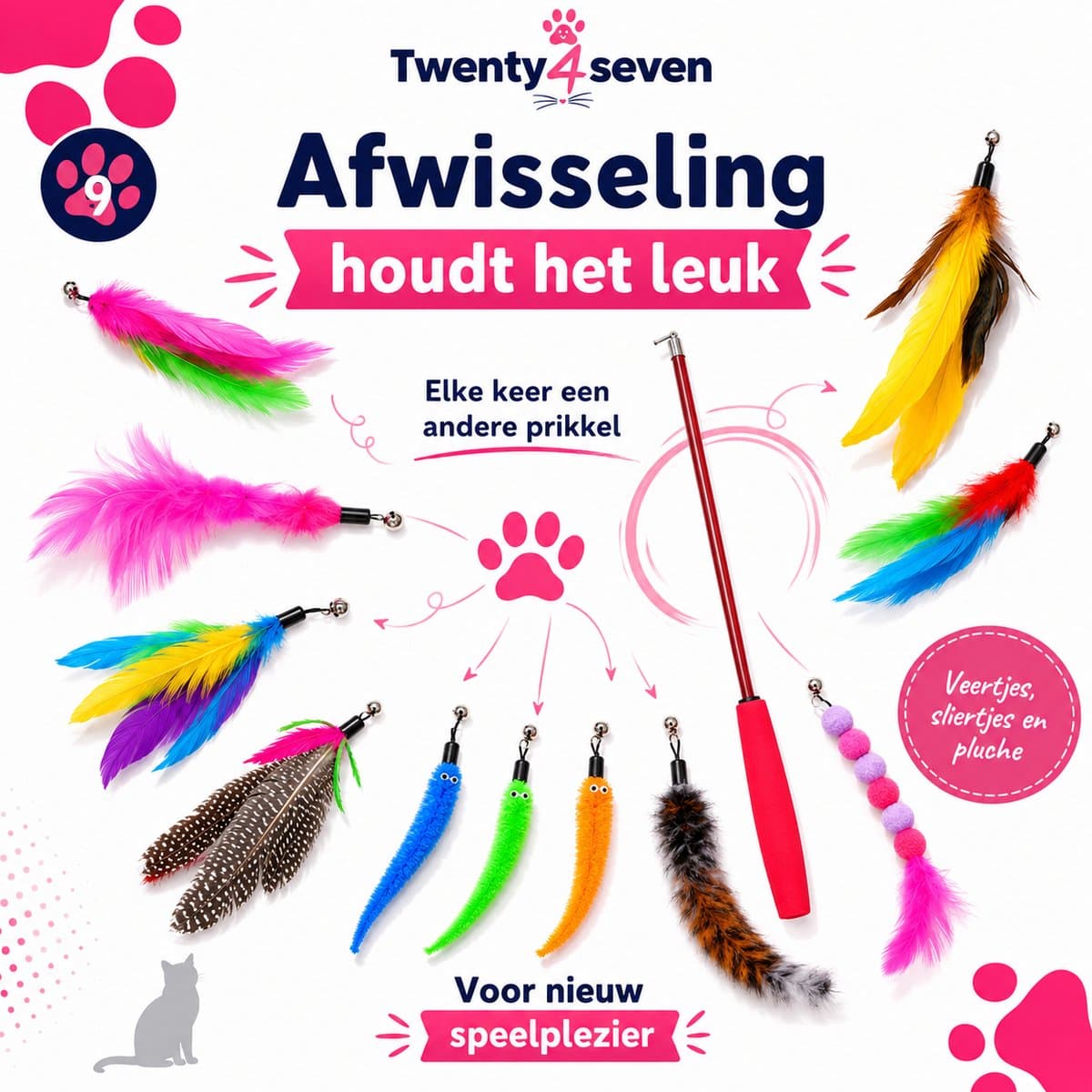Twenty4seven® Kattenhengel Set - 12-Delig - Kattenspeeltjes met Veer - Kattenspeelgoed - Interactief & Intelligentie - Speelgoed voor Katten & Kittens thumbnail 7