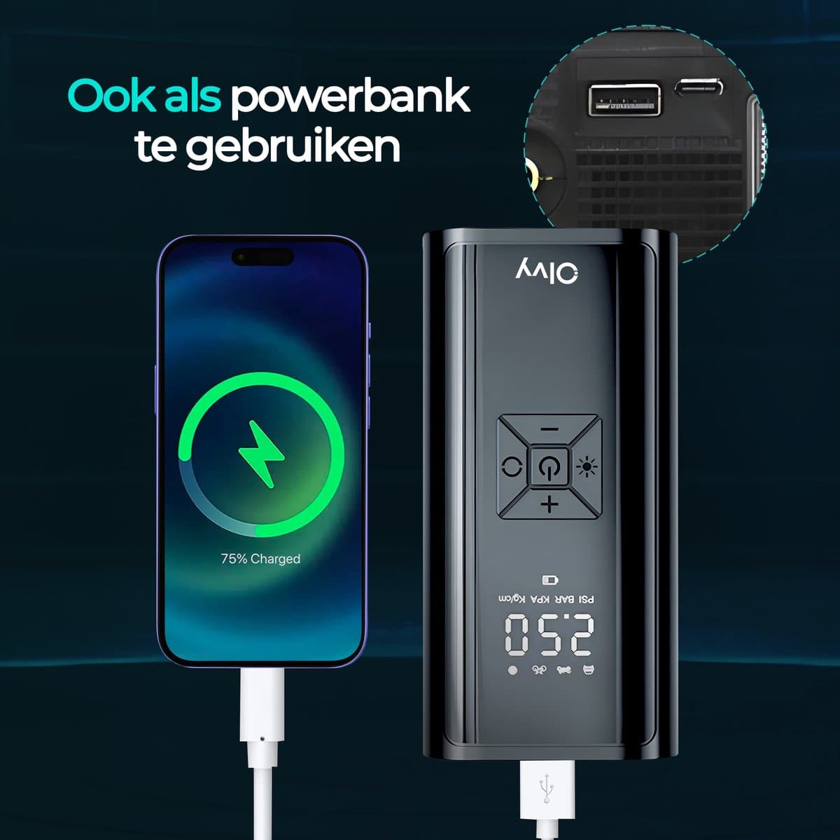 Olvy Compressor Bandenpomp - Draagbare Luchtcompressor - 7000 mAh - Elektrische Fietspomp - Fiets/Auto/Motor/Bal/Luchtbed thumbnail 3