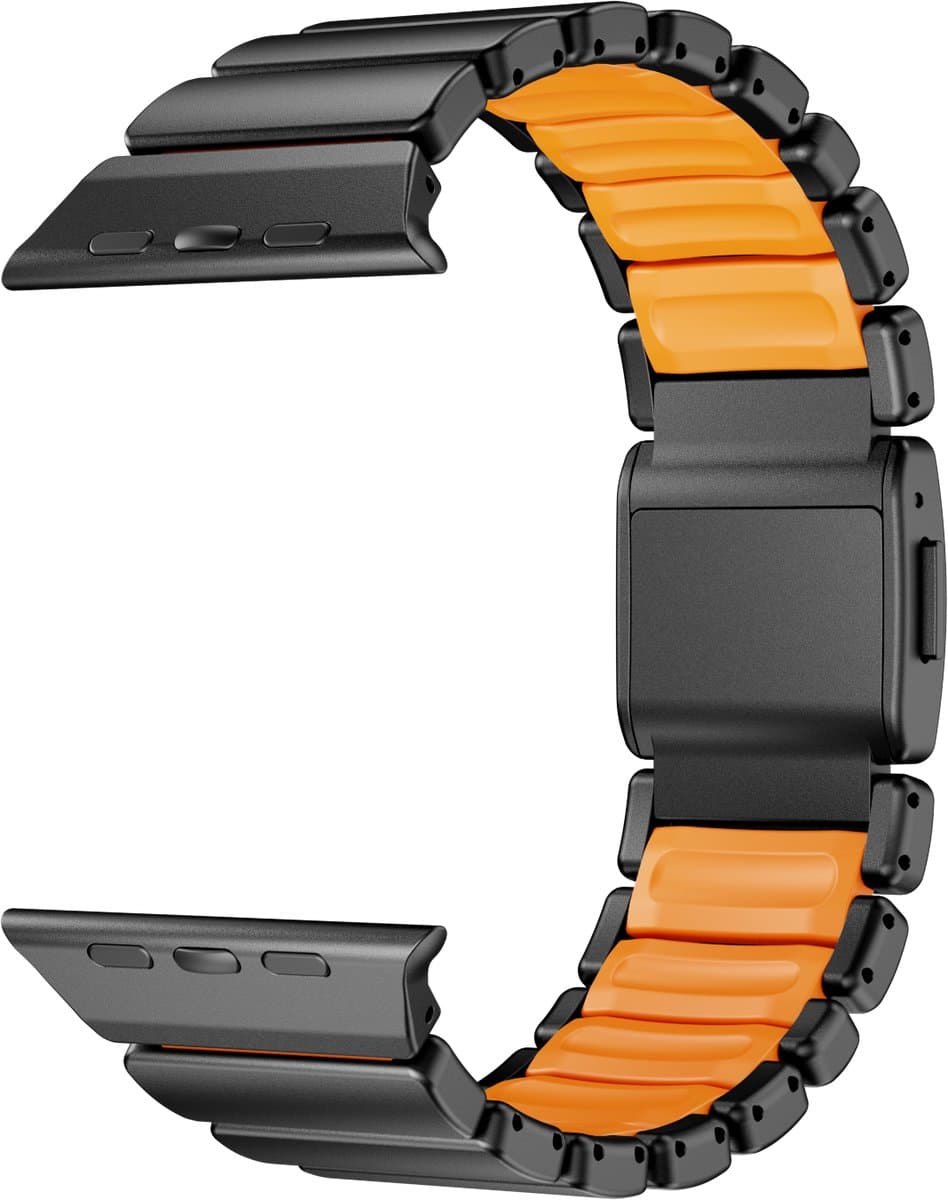 Stravo Premium Magnetisch Titanium Horlogeband met Siliconen Binnenlaag voor Apple Watch 46mm (Series 10/11) / 45mm (Series 7/8/9) / 44mm (Series 4/5/6/SE) / 49mm (Ultra 1/2/3) – Luxe bandje - Zwart / oranje thumbnail 3