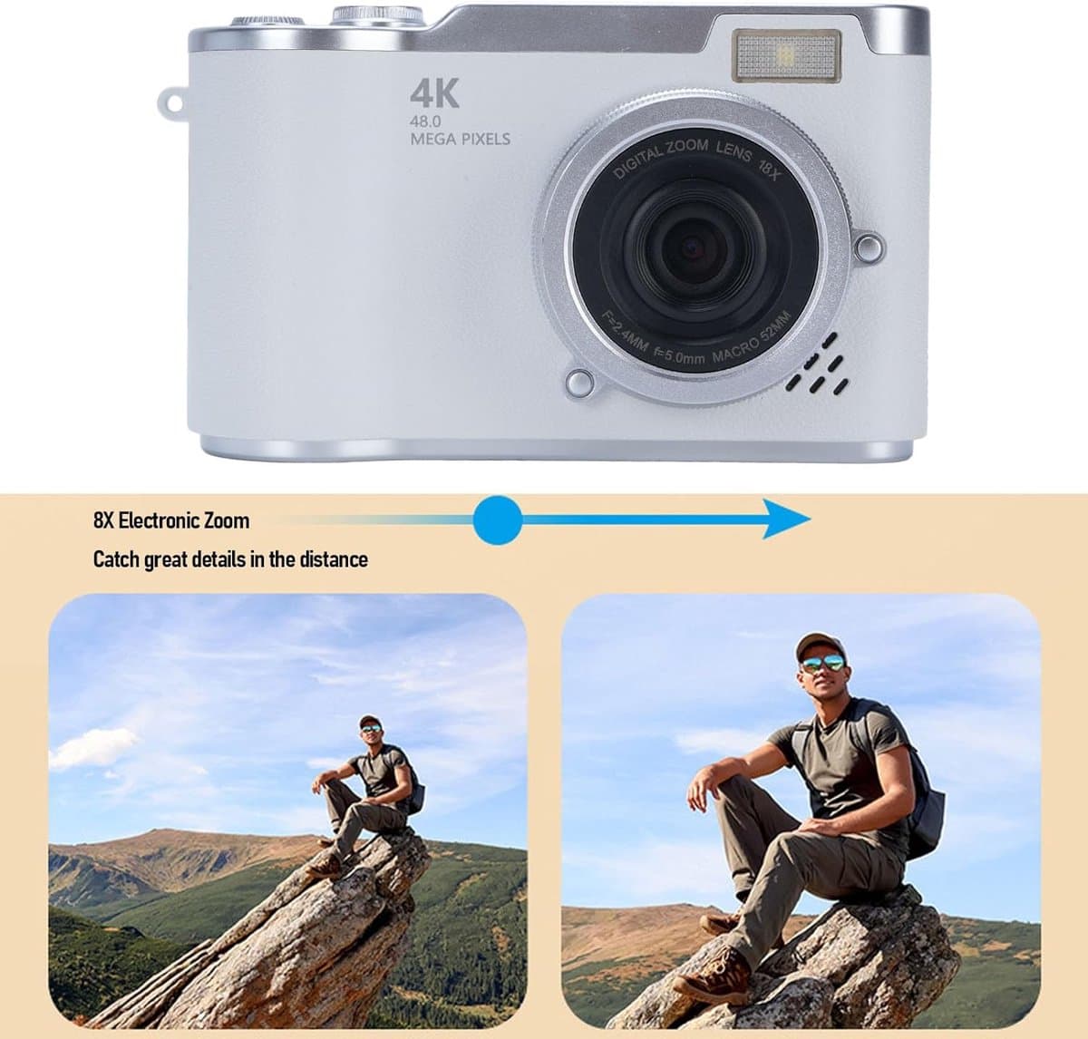 Digitale camera - 4K Digitale Camera 48MP met Flip Screen – Selfiecamera met 8x Zoom + 32GB Geheugenkaart - met 2,4 inch HD-kantelscherm, ingebouwd LED-invullicht - Vlogcamera - digitale camera kinderen - voor tieners en studenten (Wit) thumbnail 7