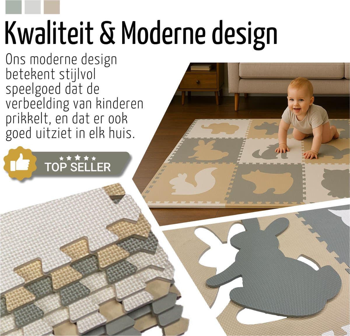 Roosly Speelmat Baby - Speelkleed Baby - babygym - kruipmat - playmat - Foam vloerpuzzel 180 x 180 cm - Inclusief Opbergtas - speelgoed - Veilig & Zacht - Pastel beige & groen thumbnail 4