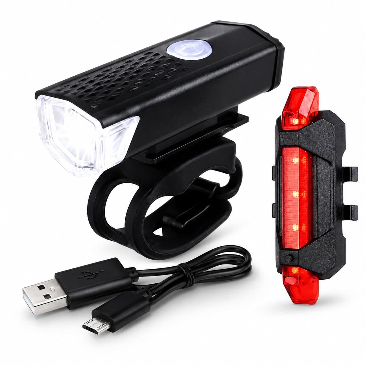 JMT-one - Fietsverlichting Oplaadbaar USB – Fietslampjes Set Voor en Achter – LED Fietslicht Voorlicht Achterlicht – Waterdicht – Fiets Lampjes Set – MTB Racefiets Stadsfiets – Zwart