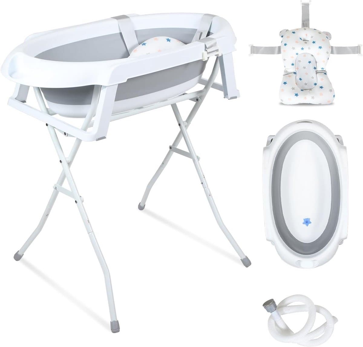 Opvouwbare babybadkuip - Badje met standaard - Baby badderen - Inclusief badmat - 85 x 47 x 82 cm - Grijs