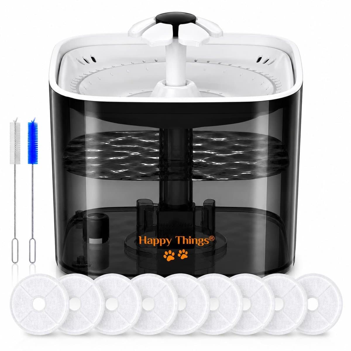 Happy Things Drinkfontein Hond en Kat - Incl 10 Filters - Geruisloos - 2.5 L - Transparant Zwart met Goud