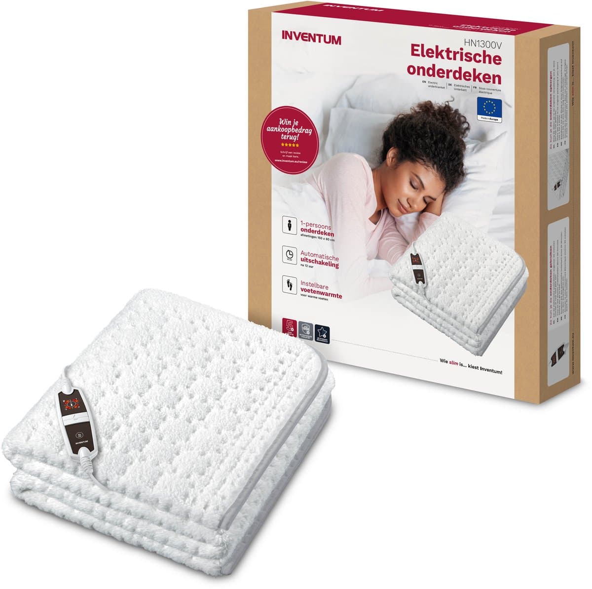 Inventum HN1300V elektrische onderdeken 150x80 cm - Eenpersoons - Aparte voetzone - 4 warmtestanden - Warmtedeken - Uitwasbaar - Automatische uitschakeling - Oververhittingsbeveiliging - Fleece - Wit