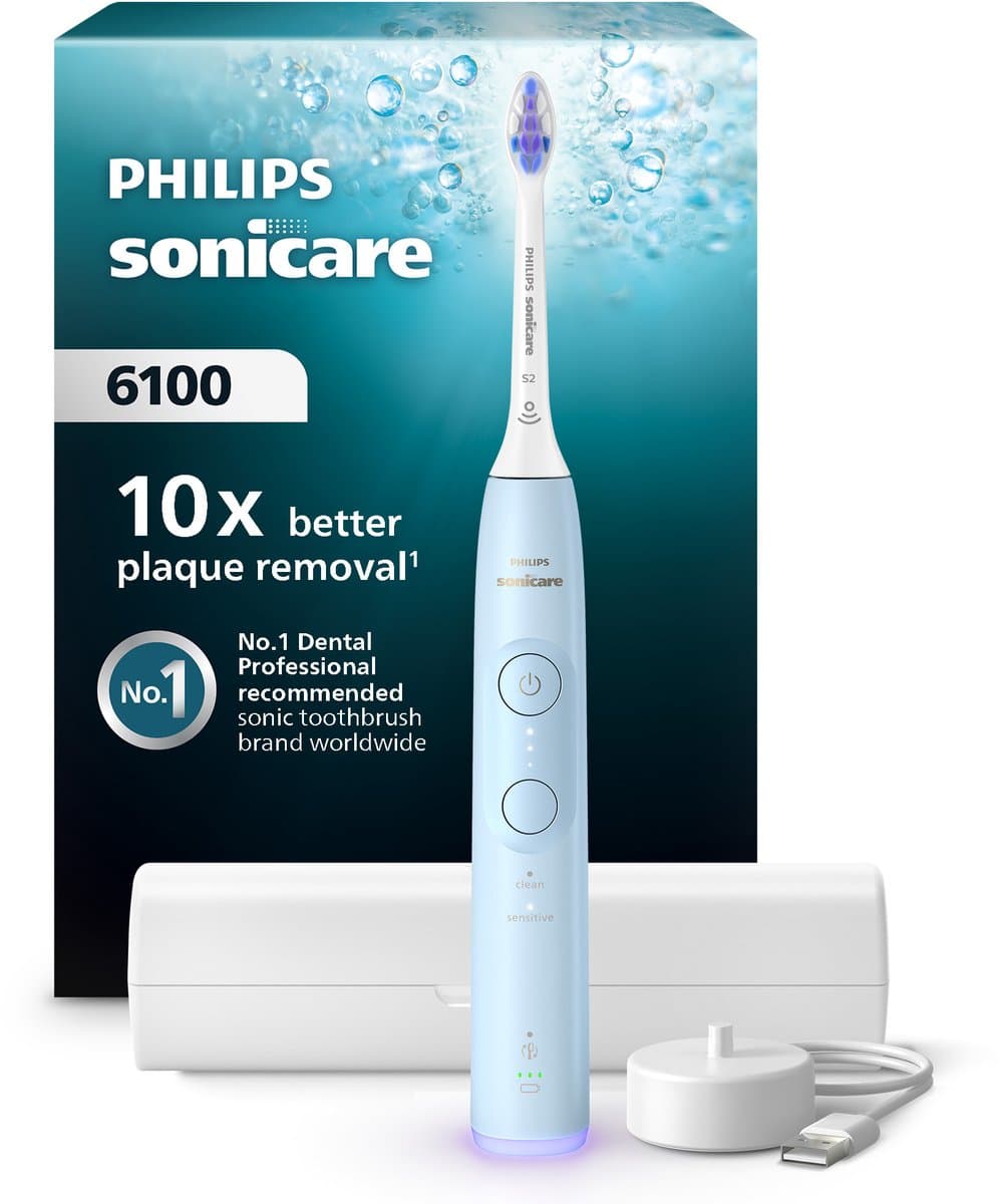 Philips Sonicare 6100 series - Elektrische Tandenborstel – Lichtblauw - Sensitive opzetborstel – Reisetui - Gevoelige tanden - HX7406/02 - afbeelding 1