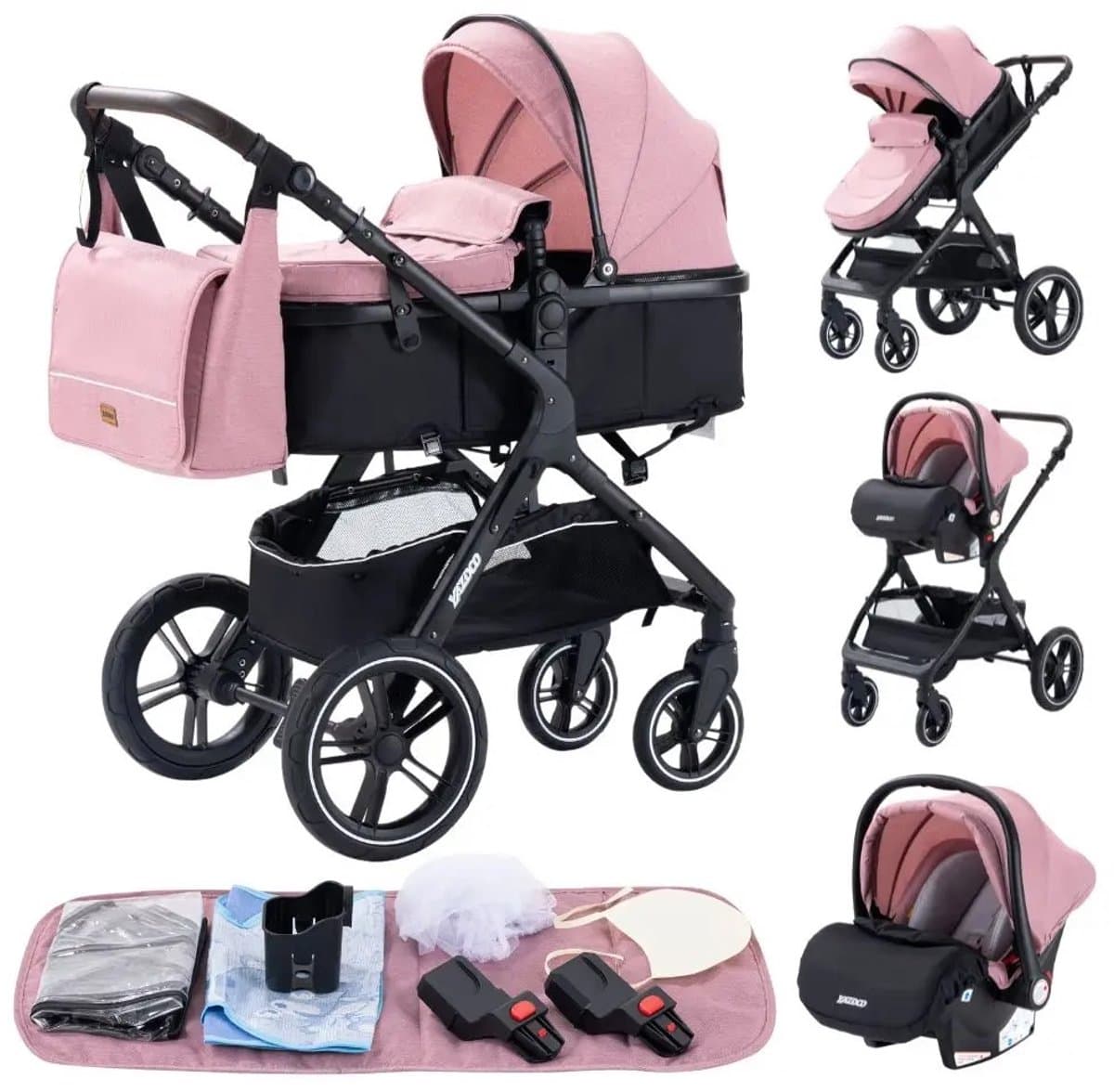 Premium 3-in-1 Kinderwagen - Draagbaar, Opvouwbaar, met Vering - Aluminium Frame - Inclusief Autostoel - Kwalitatieve Buggy voor Pasgeboren Baby - Luxe Multifunctionele Combi Kinderwagen - Roze/Zwart