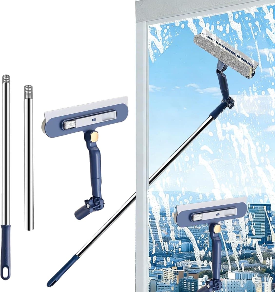 2 in 1 Ramenwasser - Ramenwasser telescopischr - Ramenwasser- Ruitenreiniger - Glaswisser - Raamwissergereedschap - Draaibare Wisser - Uitschuifbaar tot 120 cm - Ideaal voor ramen, spiegels, douches - Blauw