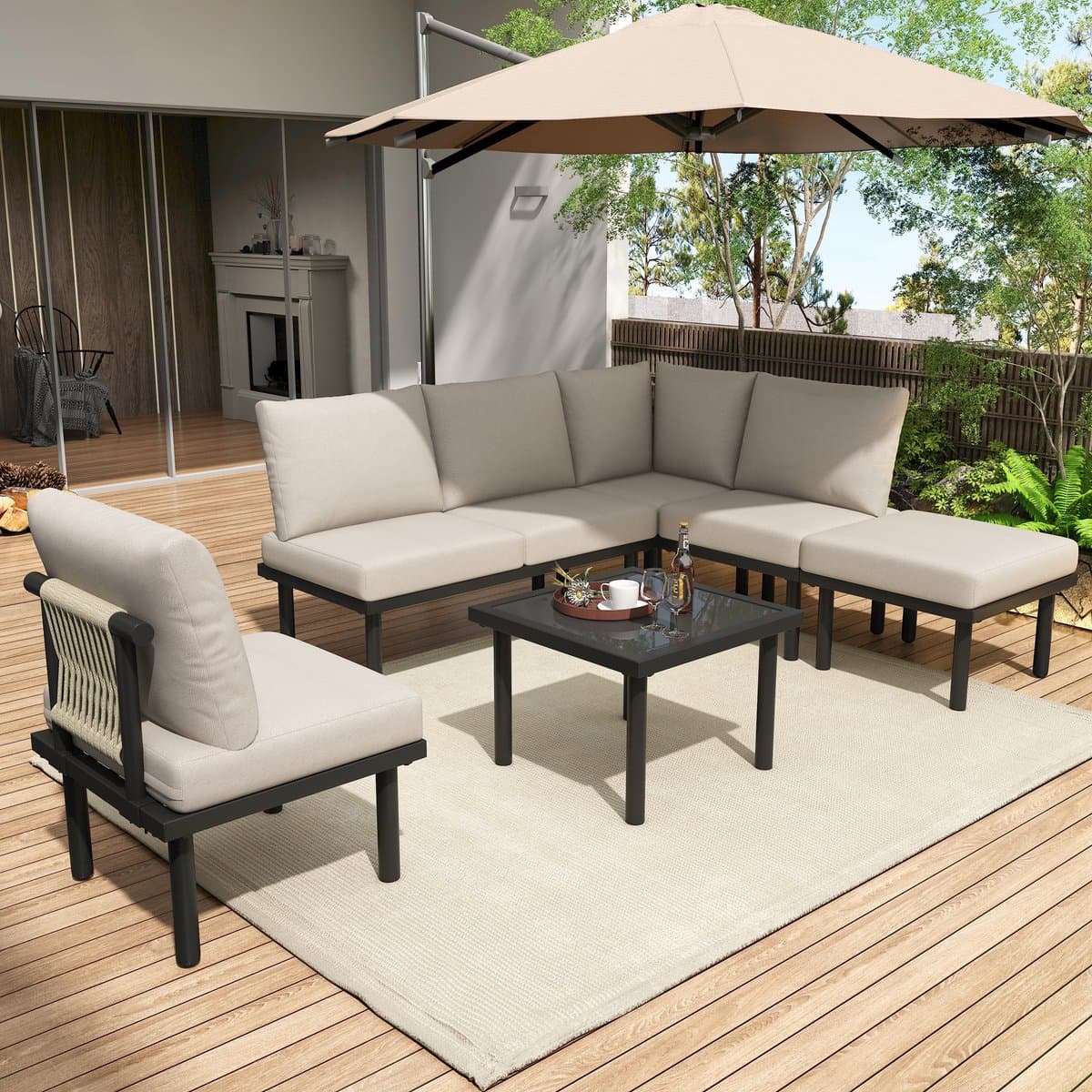 Loungestoelenset set van 6 - tuinmeubelset van touw - beige gevlochten touw - verstelbare poten - glad glazen tafelblad - beige